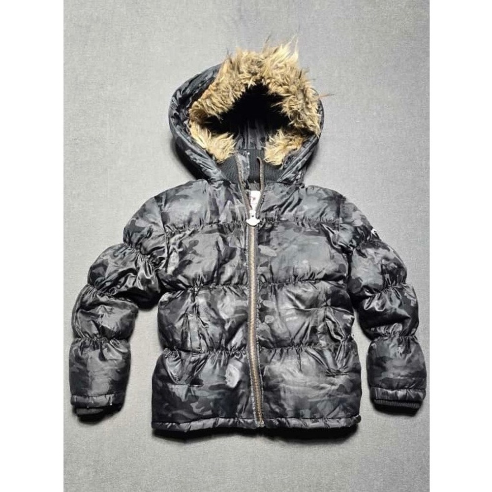 Appaman Puffer Coat Kids Size 6 Black Camo Winter Jacket Faux Fur Hood
